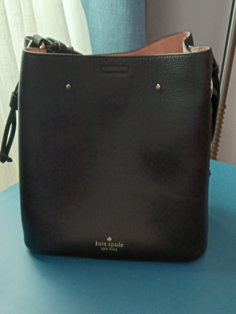 kate spade Black Leather Bucket Shoulder Bag with Tan Interior Trim